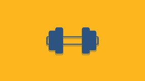Blue Dumbbell icon isolated on orange background. Muscle lifting icon, fitness barbell, gym, sports equipment, exercise bumbbell. 4K Video motion graphic animation .