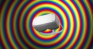 Animation of vr headset moving over radial rainbow rings. Digital interface, technology, virtual reality, communication and retro future concept digitally generated video.
