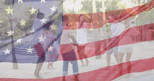 Animation of waving flag of america over diverse friends on sunny beach for independence day. America, independence, celebration, tradition, holiday and patriotism concept digitally generated video.