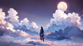 A girl watching a school of rays swim in the sky around majestic clouds. Loop Animation Video For LoFi Music and Live Wallpaper