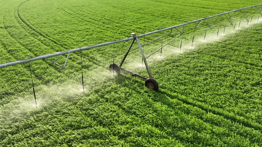 Aerial shot of the sprinklers watering Alfalfa on a circular farm in the Owens Valley in California