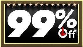99% percent off offer and promotion banner with golden box and glowing lights, text with numbers on white blinking effect and glowing percentage of an amount with indicative arrow with dark background