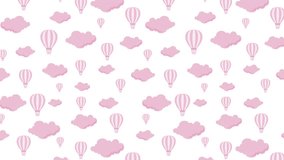 Animated Pink Pattern Design Air Balloons with Clouds Flying on White Background. Layout or Banner Animation Template for Website videos or Tv Hot Air Balloon with Flat Clouds. Transportation concept.