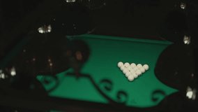 billiard ball hit. a lot of billiard balls. pyramid in billiards. slow motion video. view from above. High quality Full HD video recording