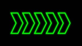 Neon right arrows. Glowing element. Bright blinking arrows on black background. Multi color arrows sign. 4K with alpha channel