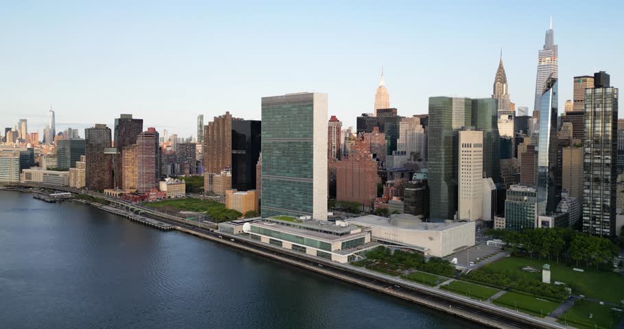 Aerial view of United Nations Headquarter in Manhattan, New York City, USA