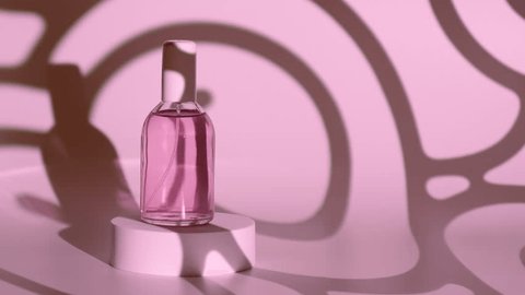 Pink glass cosmetics bottle on circle product podium with abstract shadow motion – Stockvideo
