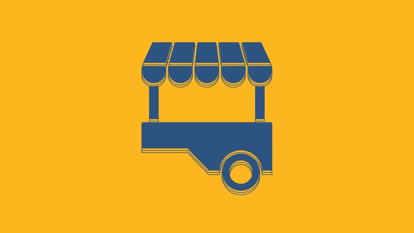 Blue Fast street food cart with awning icon isolated on orange background. Urban kiosk. 4K Video motion graphic animation .