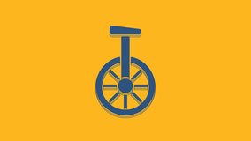 Blue Unicycle or one wheel bicycle icon isolated on orange background. Monowheel bicycle. 4K Video motion graphic animation .