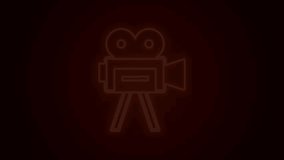 Glowing neon line Retro cinema camera icon isolated on black background. Video camera. Movie sign. Film projector. 4K Video motion graphic animation.