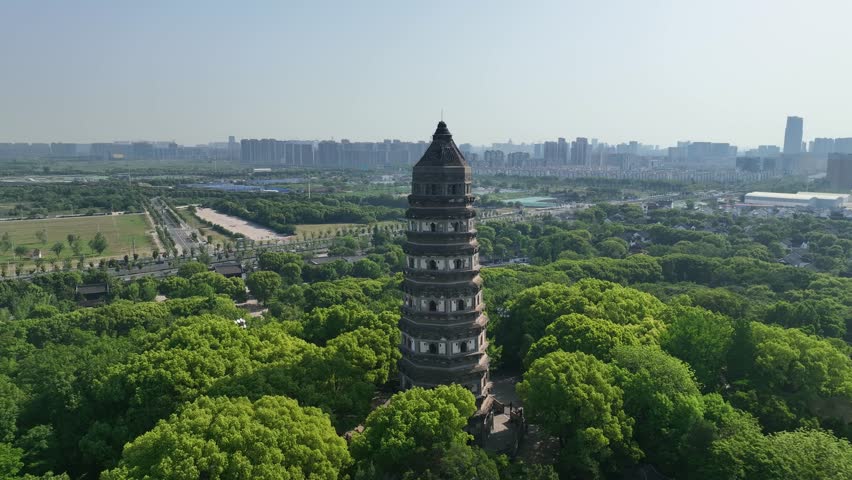 The stone tower on Tiger hill, which is a famous scenic spot in Suzhou city, Jiangsu province, China.