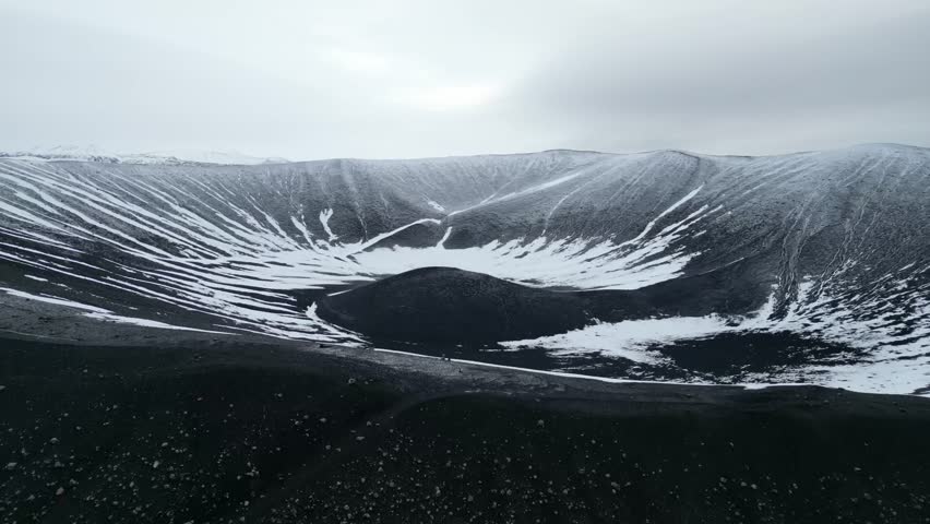 Volcano Crater on an Overcast Winter Day in Iceland - Aerial Ascending