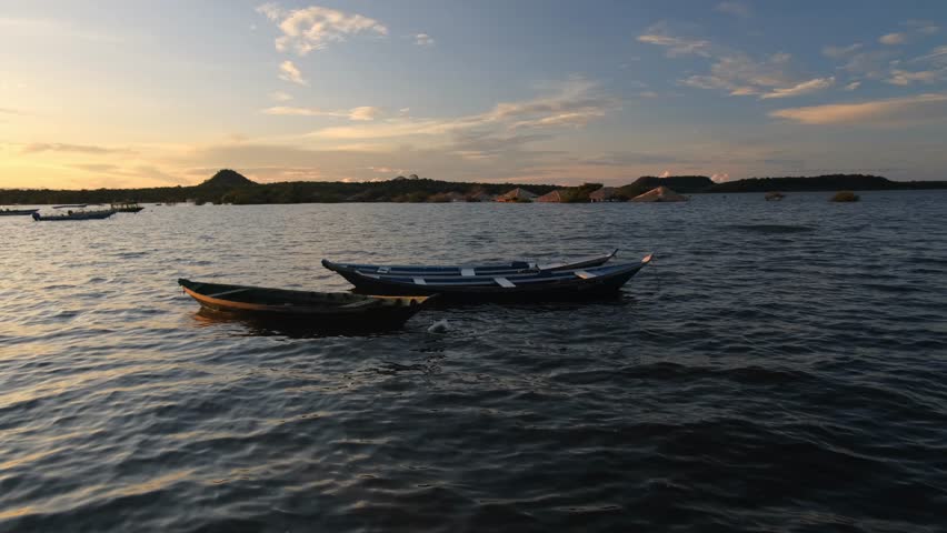 Boats in the Tapajós River, Panoramic Sunset View of Alter do Chao, Pará Brazil, Santarém, Water Landcape and Skyline