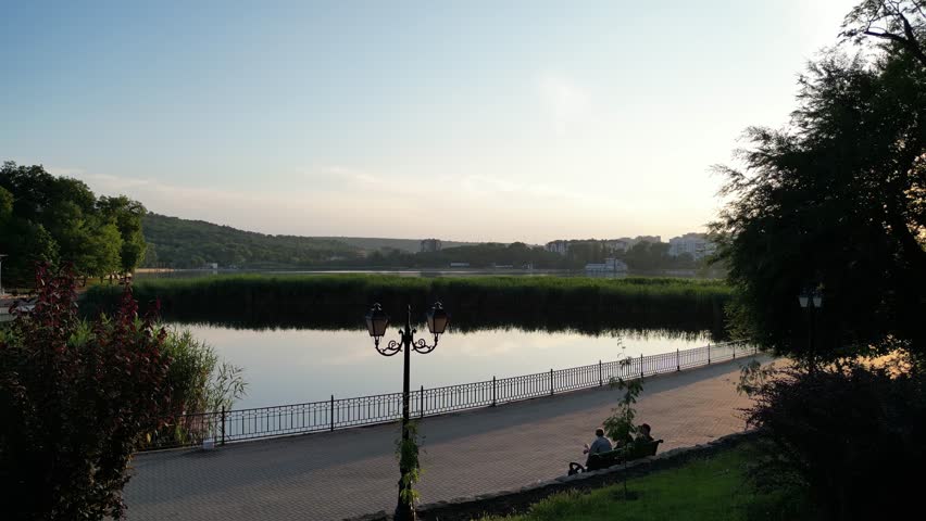 Flights over the Evening Lake in the city of Chisinau