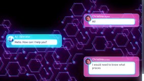 Animation of talk of artificial intelligence operator of call centrum chatbot and real human person behind computer or internet speaking to each other and robot helping to customer about her delivery - Powered by Shutterstock - Get 15% off with code: PIKWIZARD15