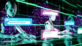 animation of 3d robots a.i. and chat conversational windows with help customer in talk chat. Humanoids working on business in futuristic modern background 4k video