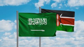 Kenya flag and Saudi Arabia flag waving together on blue sky, looped video, two country cooperation concept