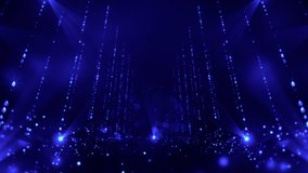 Beautiful luxury blue water drops particle trails and glowing glitter. spotlight shining on stardust floor. for award party stage background for Oscar award ceremony event,digital Art,loopable, LED,4K