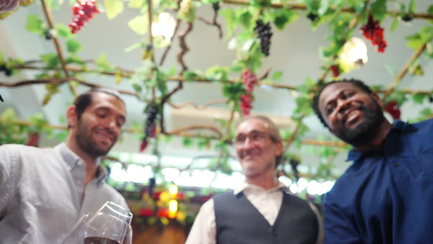 Group of Diversity people man and woman celebrating holiday event party with toasting red wine glass together at wine shop or restaurant with happiness. 