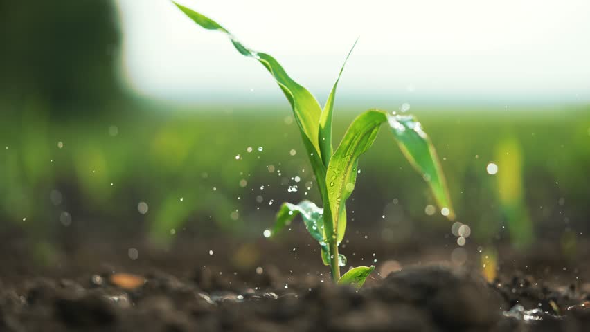 Agriculture. Green corn germ in drops of life-giving water. Farmer waters green corn sprout in fertile soil.Organic farm watering corn. Rain on leaves of plants.Agricultural production of corn on farm Royalty-Free Stock Footage #1105149245
