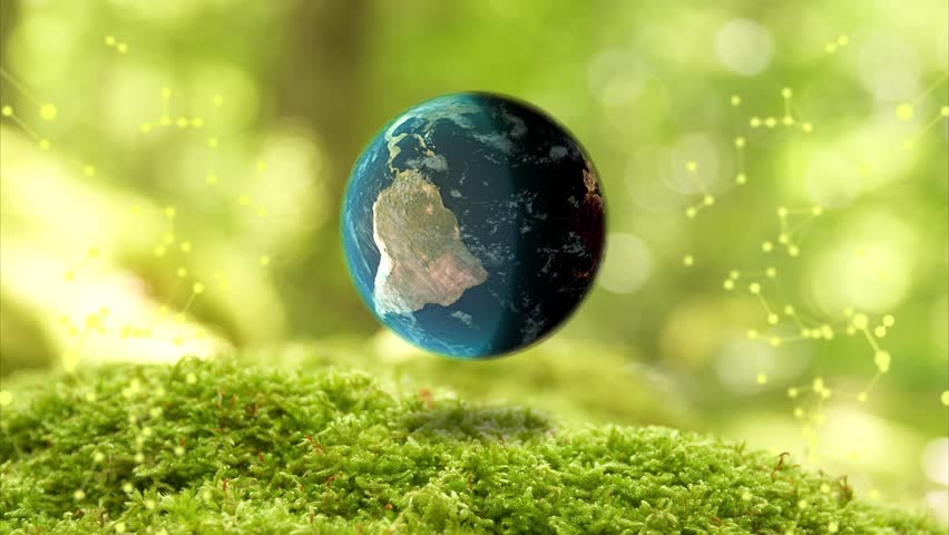 Cg. Model of the globe rotates against the background of green moss and blur with highlights and a polygonal network. Enviroment protection. Environmental policy. Caring for future generations