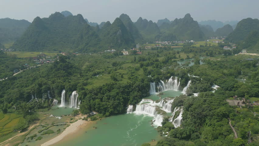 Aerial top view of Ban Gioc Water Falls in Cao Bang, Vietnam and China border. Nature landscape background. Tourist attraction landmark.