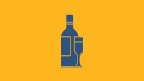 Blue Champagne bottle with glass icon isolated on orange background. 4K Video motion graphic animation .