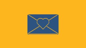 Blue Envelope with Valentine heart icon isolated on orange background. Message love. Letter love and romance. 4K Video motion graphic animation .