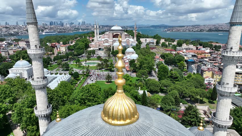 Aerial view of Hagia Sophia mosque, Bosphorus and Istanbul