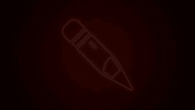 Glowing neon line Pencil with eraser icon isolated on black background. Drawing and educational tools. School office symbol. 4K Video motion graphic animation.