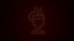 Glowing neon line Mulled wine with glass of drink and ingredients icon isolated on black background. Cinnamon stick, clove, lemon slice. 4K Video motion graphic animation.