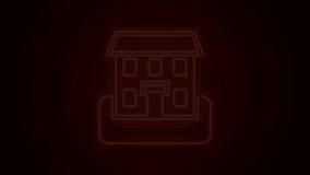 Glowing neon line School building icon isolated on black background. 4K Video motion graphic animation.