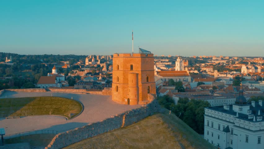 Gediminas tower, Old Town of Vilnius, Lithuania, aerial view (Gedimino pilies bokštas) Royalty-Free Stock Footage #1105163433