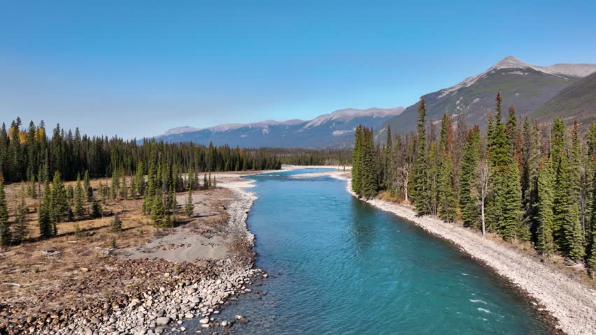 A drone view of the river in the mountains valley. An aerial view of an forest and river. Winding river among the trees. Turquoise mountain water. Banff National Park, Alberta, Canada.