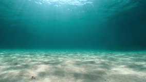 Sand underwater on the ocean floor with natural light and ripples of water surface, natural seascape, Atlantic ocean, Spain, Galicia, 59.94fps