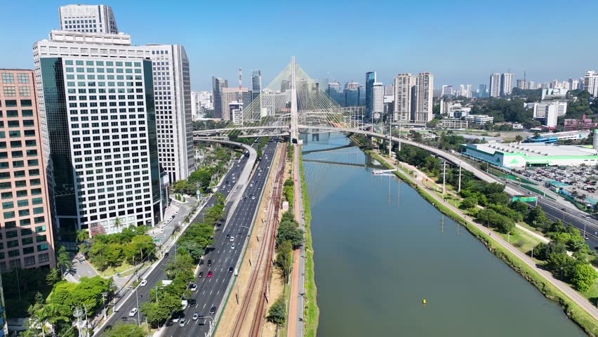 Cable Bridge At Downtown Sao Paulo Brazil. Road Downtown Sao Paulo. Town Sky Clouds District Urban. Town Drone View District Downtown Up Above. Town Urban City Landmark. Downtown Sao Paulo. Royalty-Free Stock Footage #1105167103