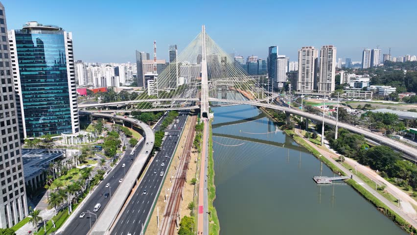Cable Bridge At Downtown Sao Paulo Brazil. Road Downtown Sao Paulo. Town Sky Clouds District Urban. Town Drone View District Downtown Up Above. Town Urban City Landmark. Downtown Sao Paulo. Royalty-Free Stock Footage #1105167103