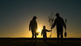 Dad is farmer, mom is child planting trees. Green nature concept. Happy family and child, team planting trees in spring. Silhouette of family with tree. Gardeners with shovel go to plant tree, sunset - Powered by Shutterstock - Get 15% off with code: PIKWIZARD15