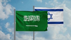 Israel flag and Saudi Arabia flag waving together on blue sky, looped video, two country cooperation concept