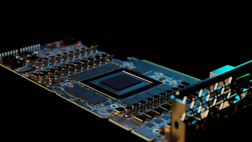Close-up shot of a spinning graphics card without cooling on an alpha channel transparent background. 3D animation.