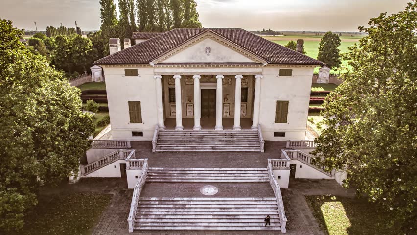 Stunning aerial shot of the architectural marvel, Villa Badoer, located in Fratta Polesine.