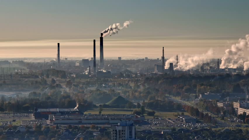Aerial View of Smoked Pipes at Chemical Plant - Air Pollution Concept - Industrial Landscape with Environmental Pollution - 3D Animation Royalty-Free Stock Footage #1105186065