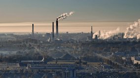 Aerial View of Smoked Pipes at Chemical Plant - Air Pollution Concept - Industrial Landscape with Environmental Pollution - 3D Animation - Powered by Shutterstock - Get 15% off with code: PIKWIZARD15