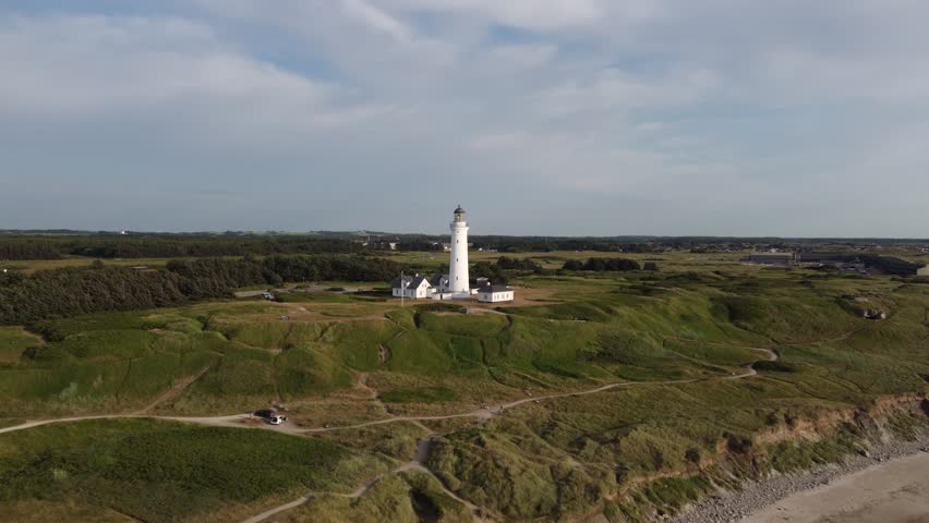 Aerial view of Hirtshals Lighthouse at the north-west coast of Denmark, north sea.