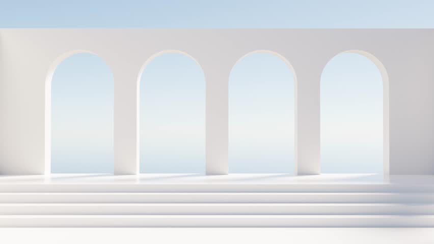 3D arched wall and stairs under blue sky. 3D Illustration