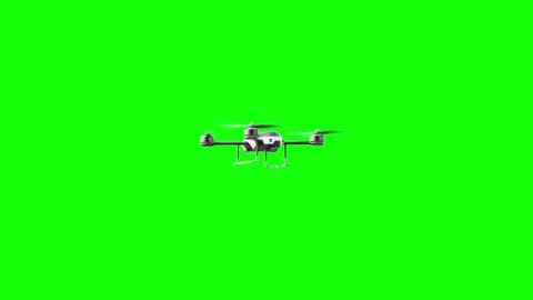 Drone white color flying move towards camera then move out to the side On Green Screen. 3D Render. – Video có sẵn