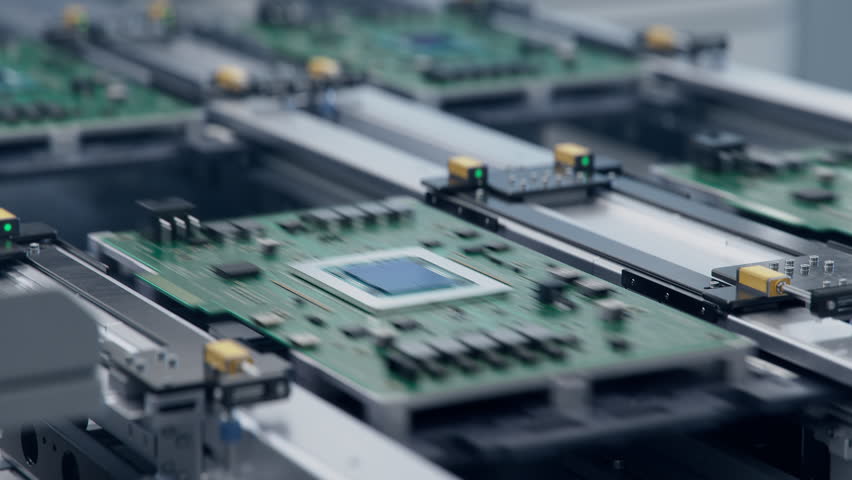 Close-up of Component Installation on Circuit Board. Electronic Devices Production Industry. Fully Automated PCB Assembly Line Equipped with Advanced High Precision Robot Arms. Electronics Factory. Royalty-Free Stock Footage #1105189863
