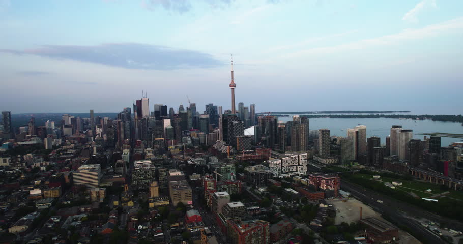 Aerial view backwards over the Niagara district of Toronto, summer evening in Canada