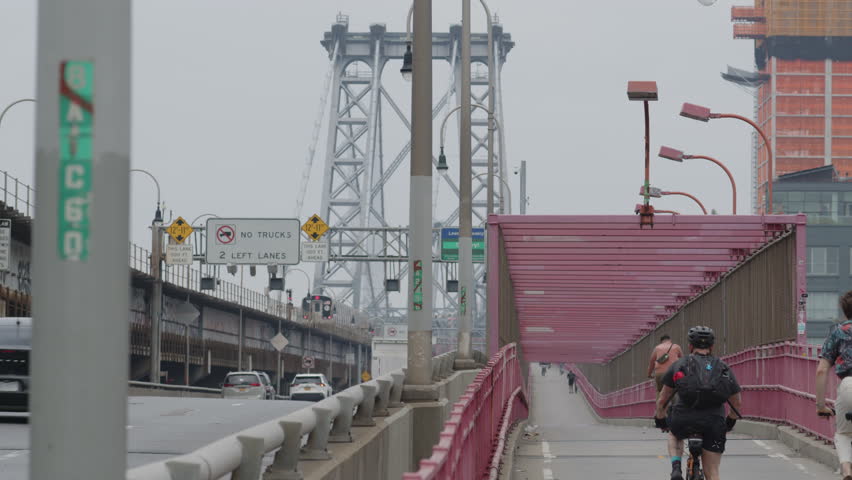 view of car and bike lane entrance on Williamsburg Bridge in NYC