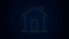 Glowing neon line House icon isolated on black background. Real estate agency or cottage town elite class. 4K Video motion graphic animation.